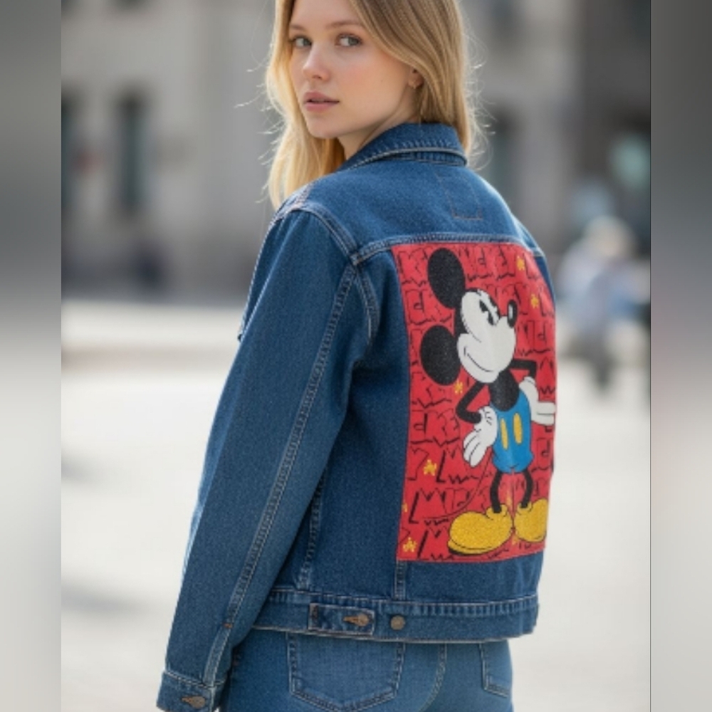 Mickey & Co , Upcycled  Denim Jacket Mickey Mouse Embellished Back Patch